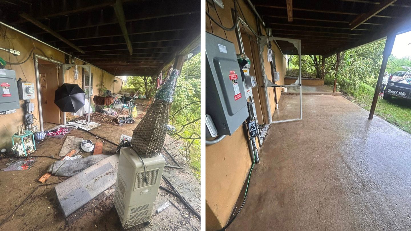 Before and after junk removal transformation showing cluttered basement cleared to clean organized space